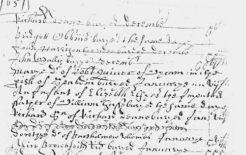 Bourne burial register from 1651