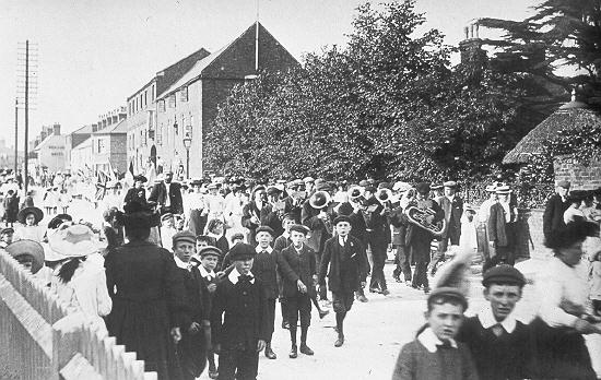 Bourne Town Band on parade in 1912